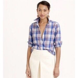 J. Crew Textured Cotton Blue Plaid Button Front Shirt 100% Cotton Size 6